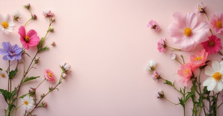 Fototapeta premium Floral arrangement. Delicate blooms frame empty space. Soft pink background complements vibrant colors. Perfect for invitations, cards.