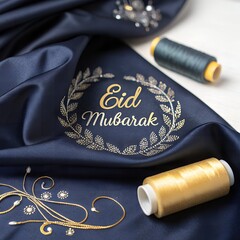 Fototapeta premium Eid Mubarak Gold Embroidery on Luxurious Blue Fabric with Threads