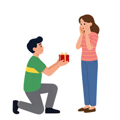 Man Kneeling Offering Gift to Surprised Woman