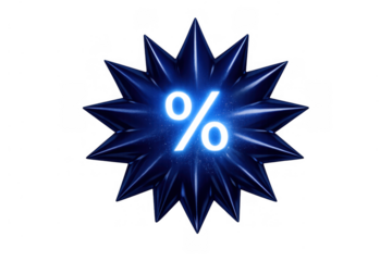Dark blue starburst with glowing white percentage symbol for promotions and discount marketing on transparent background