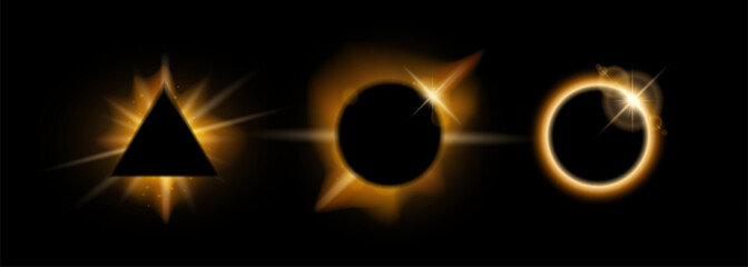 Realistic total solar eclipse set. Circle, triangle shape with shining star, lens flare yellow light overlay effect on black background. Vector orange glowing sunlight geometric frame in black space.