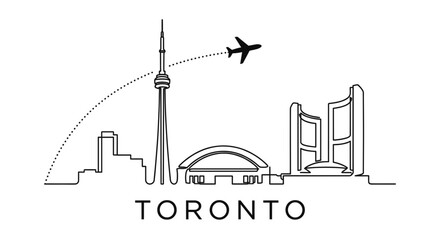 Naklejka premium Toronto skyline and airplane minimalist line art illustration