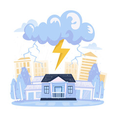 Thunderstorm disaster with lightning and thick clouds hitting a house in the city vector illustration