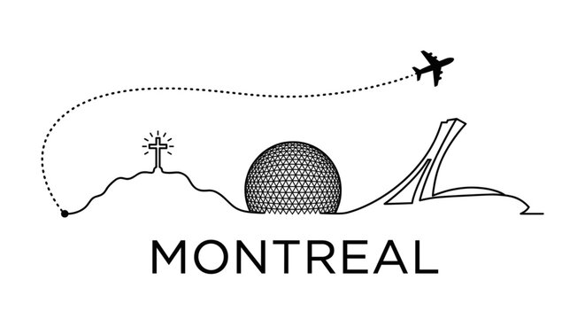 Montreal city skyline landmarks and airplane travel vector illustration