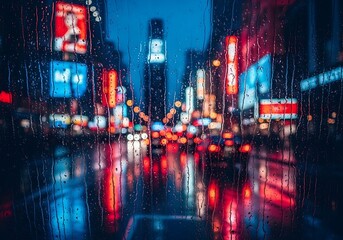 Obraz premium Rainy Night City Street View Through Window with Blurred Neon Lights and Reflections | Urban Traffic, Cyberpunk Atmosphere, Wet Glass Abstract