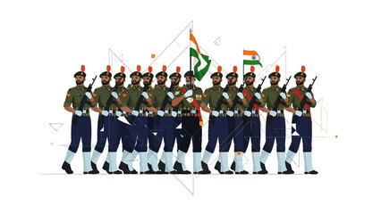 Obraz premium Illustration of Indian Army soldiers marching in formation on Republic Day with flags and rifles in a patriotic scene.