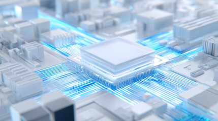 high-tech semiconductor cpu chip on a futuristic circuit board with glowing blue light trails, concept of advanced microchip technology, artificial intelligence, and digital hardware innovation.
