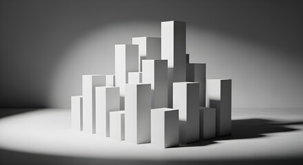 Abstract geometric forms depicting a growing cityscape under focused light, showcasing architectural structure and spatial dynamics in monochrome