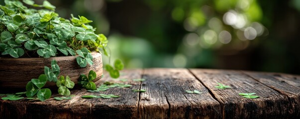Naklejka premium Rustic wooden table with shamrock leaves, moss, and amber bottle creating a natural, calming garden scene