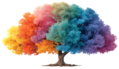 Rainbow tree vibrant foliage colorful leaves fantasy landscape mystical nature spectrum color surreal art dreamy scene magical forest ethereal light. Rainbow tree with vibrant foliage, isolated