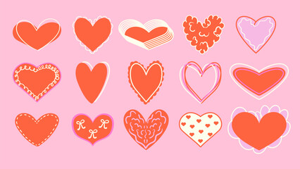 Hand drawn various decorative heart set. Cute stickers for Valentines day. Flat vector illustration.