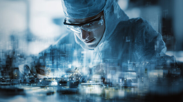focused male researcher wearing protective glasses analyzing a glowing digital holographic circuit, concept of advanced semiconductor R&D, artificial intelligence, and future hardware engineering.