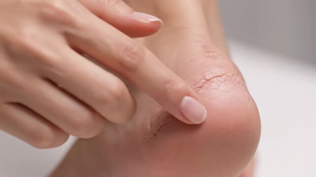 Close-up of a finger touching dry, cracked heel skin with visible lines