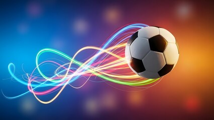 Fototapeta premium Vibrant soccer ball with dynamic light trails