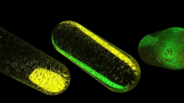 Looping rotating glass translucent capsule 3D Rotating Glass Medical Capsules with Green Outline on Black and White Background - Seamless Loop Animation.