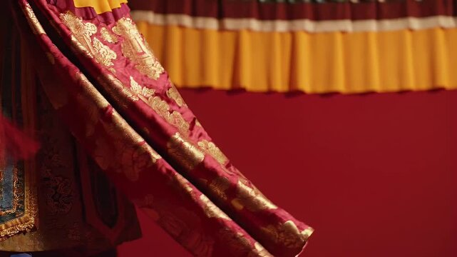 Hemis Festival Silk Brocade Costume Fabric Flowing Red Gold Gradient