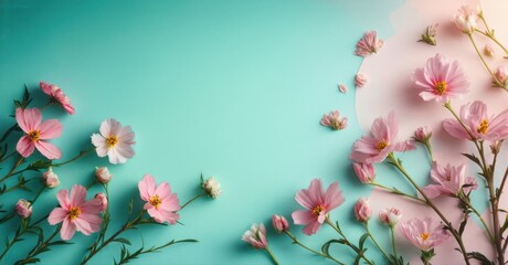 Fototapeta premium Pink cosmos flowers bloom against teal, pale pink backdrop. Delicate petals, stems create soft, floral composition. Minimalist design.