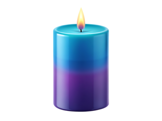 Blue and purple candle with burning flame on black background