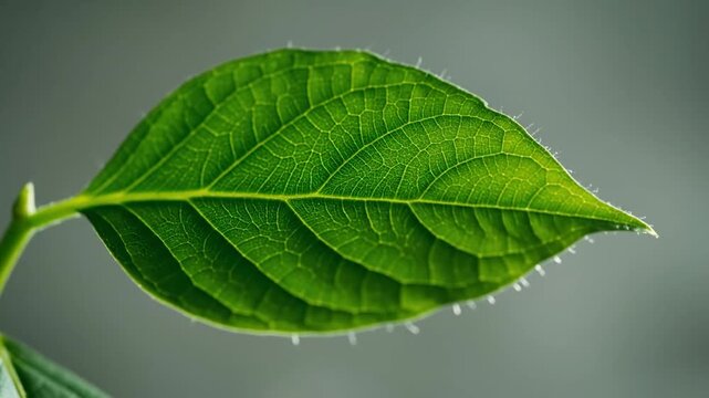 Macro of a vibrant green leaf with prominent veins against a soft gray background