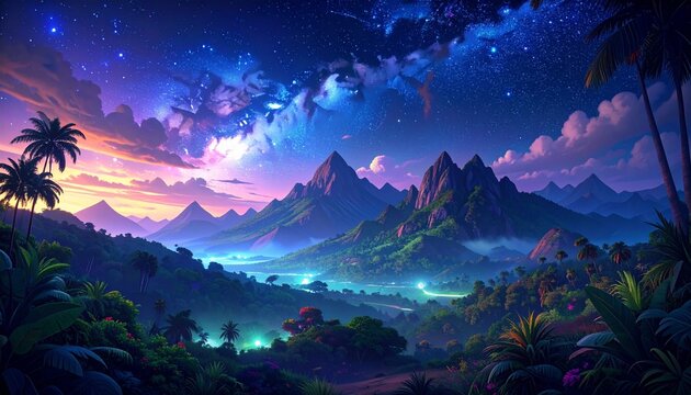 Tropical Island Paradise at Night with Aurora and Palm Trees Under Starry Sky