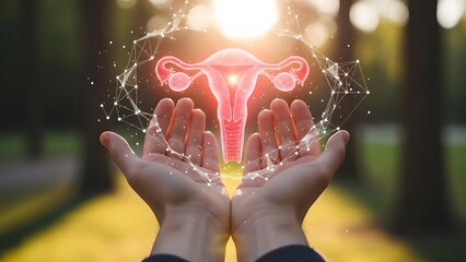 Hands hold a glowing red uterus symbolizing reproductive health and awareness