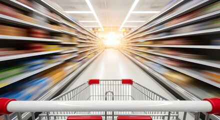 Blurry perspective of a shopping cart speeding down a brightly lit supermarket aisle with colorful shelves radiating outward.
