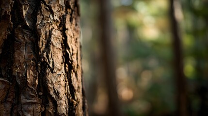 Fototapeta premium Intricate tree bark texture reveals a serene forest landscape bathed in warm natural daylight detail