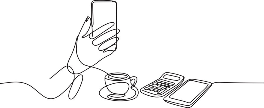 Single continuous line drawing of hand holding smartphone and a cup of coffee beside calculator and tablet on desk. Office equipment concept. one line Icon drawing