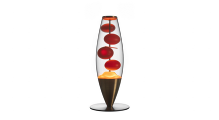 Red lava lamp with glass container and metal base isolated on a transparent background