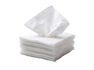 Stacked white paper napkins with one raised tissue, Isolated, Png Transparent Background