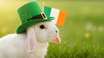 White bunny wearing a green hat and holding an ireland flag. Cute animal for St. Patricks Day celebration in outdoor spring grass.
