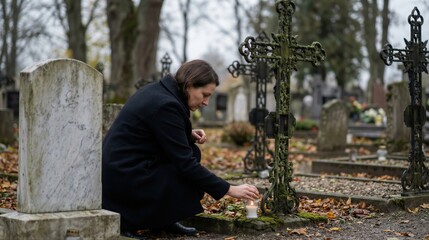 Fototapeta premium Woman placing a lit candle on a gravesite. Memorialization and remembrance in a cemetery setting. Funeral concept.