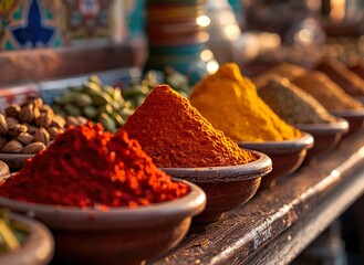Vibrant exotic spices in clay bowls on a rustic market stall. Colorful turmeric, chili and herbs in an authentic oriental bazaar setting.
