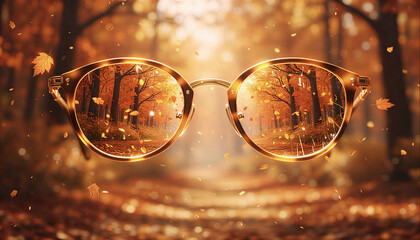 Round eyeglasses fill the image, reflecting an autumn forest scene
