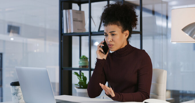 Phone call, laptop and business woman with stress, conflict or vender cancellation email in office. Mobile, computer and event planner talking to contact, venue mistake and communication error