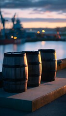 Fototapeta premium Sunset harbor barrels evoke industrial beauty with a warm cinematic aesthetic