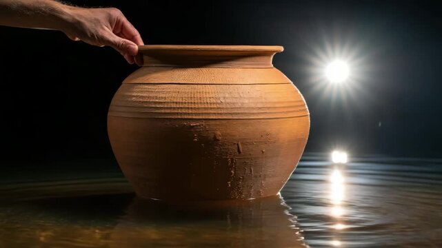 A hand places a handmade clay pot into rippling water. Close-up of an ancient earthenware vessel on a dark background with dramatic lighting. Traditional pottery and artisan craft concept