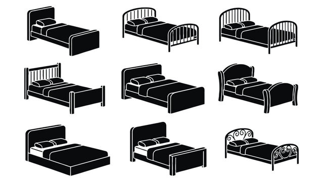 A collection of various bed types in black and white illustrations
