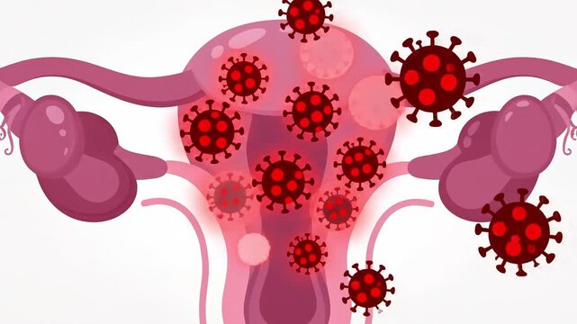 Red virus cells attacking female reproductive system organs including uterus ovaries and fallopian tubes showing infection