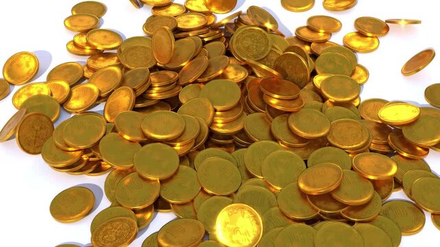 Gold coins fall into a pile on a white background, 3D animated video