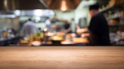 Warm kitchen scene chef prepares meal on wooden table inviting culinary atmosphere stock photo