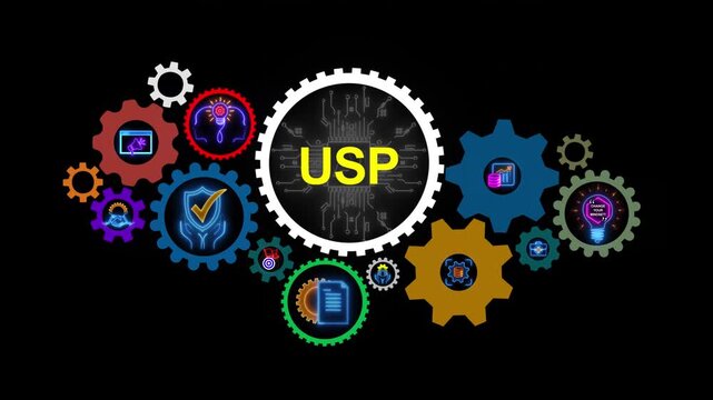 Glowing neon line banner of USP concept with icons of unique, sale, consumer, benefits, branding and marketing isolated on black background.