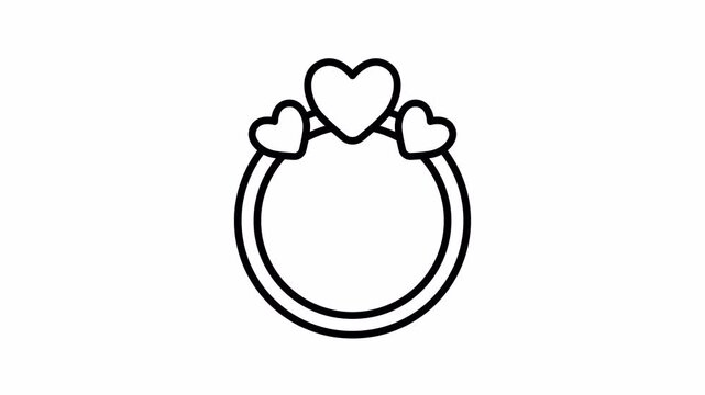 Valentine Heart Ring Icon, Minimalist Black Line Animation, Drawing Reveal Effect, 4K Transparent Background