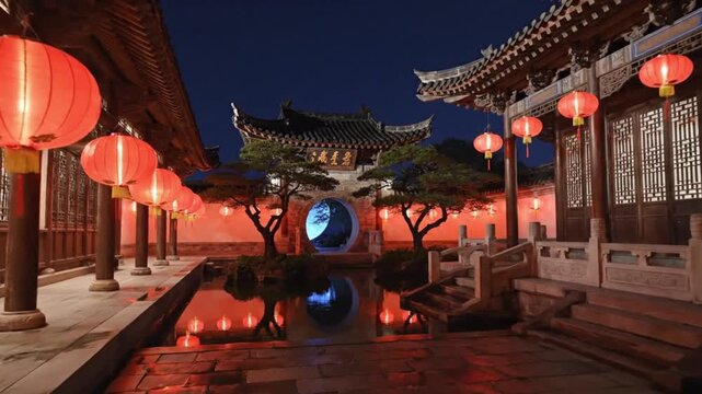 Cinematic Red Lanterns Chinese Temple Night Festival Celebration Stock Footage