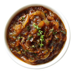 Onion marmalade in a white bowl; rich, dark, and herb-garnished condiment