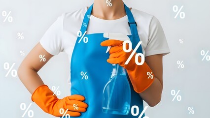 Person wearing gloves and an apron holds a spray bottle surrounded by percentage signs