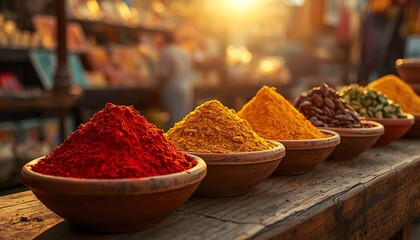 Wide panorama of vibrant exotic spices in clay bowls on a rustic market stall. Authentic oriental bazaar atmosphere with warm golden lighting.