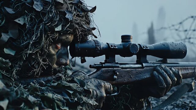 A camouflaged soldier in a ghillie suit aims a sniper rifle through its scope in a desolate environment.