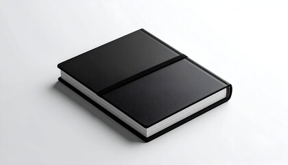 A closed, black notebook with a thick spine, angled, and held shut by a black strap
