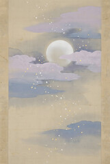 Full moon rising over serene sandy beach with scattered seashells and soft blue clouds at dusk